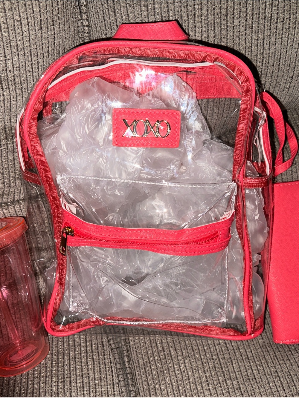 XOXO Clear Pink Trim Backpack with Front Zip Pocket Wallet and Cup